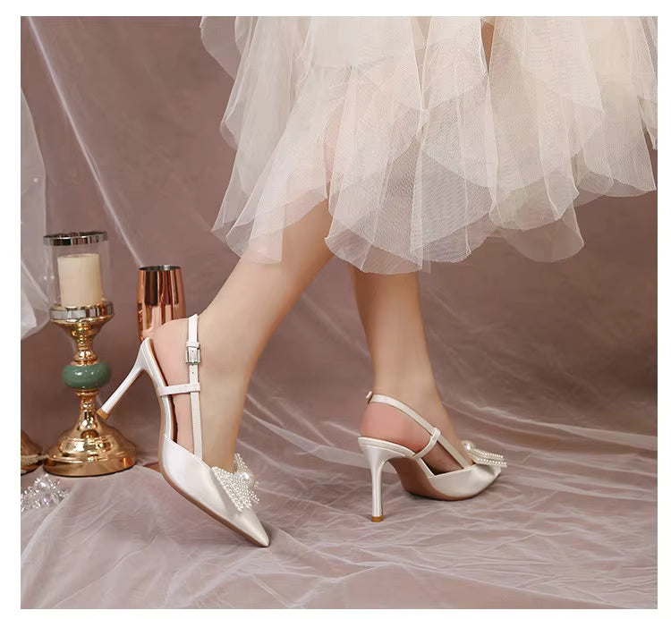 Bow Pattern Elegance French Wedding High Heels Shoes