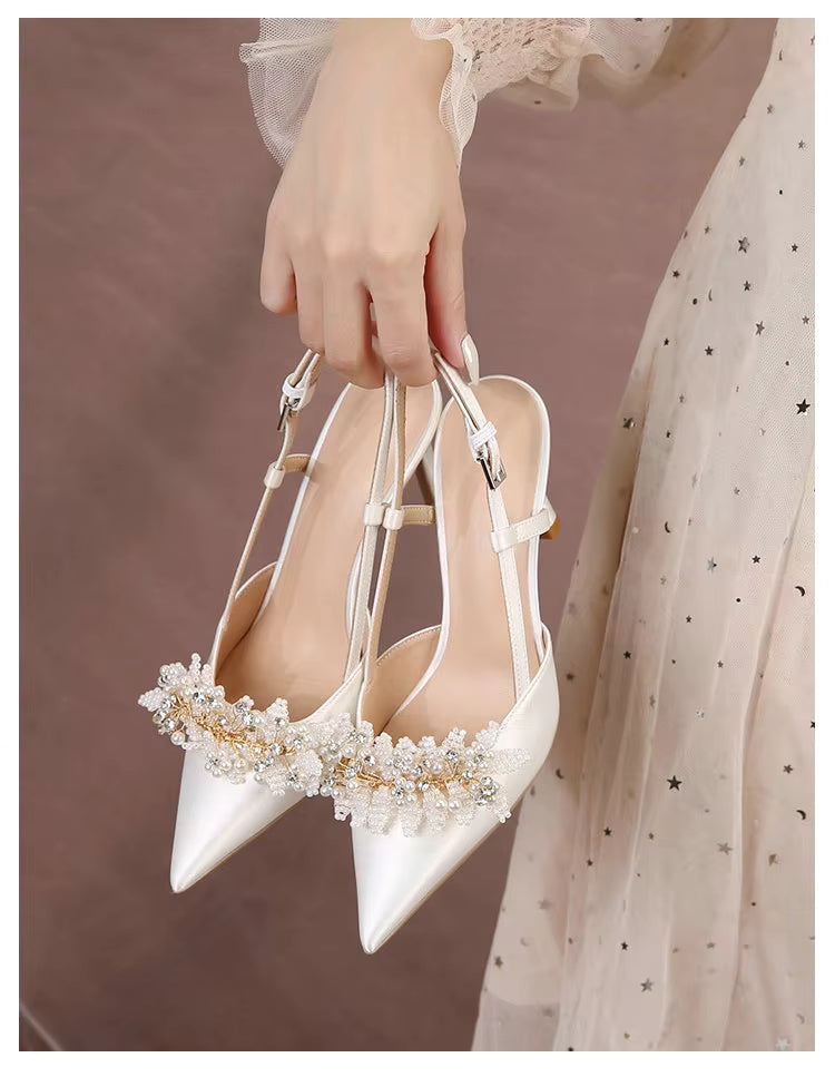 White Pearl Fashion Luxury Satin Bridal High Heels Pumps