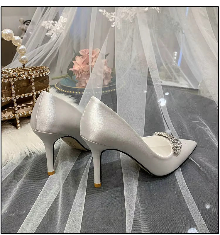 Thin Heel Pointed Toe Fashion Rhinestone Princess Pumps Satin Bridal Shoes