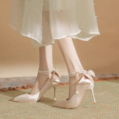 Pearls Buckle Belt Satin Fabric Bow  High Heel Point Toe Wedding Shoes