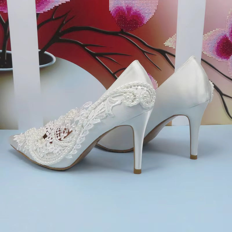 Pointed Toe Fashion hallow Thin Heel Bridal Wedding shoes High Pumps