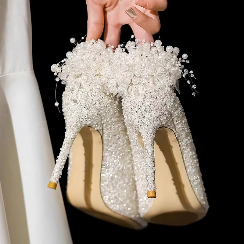 Fairy Wind Beige White Pearl Fashion Pointy Shallow Mouth Pointed Toe High Heels  Wedding Stilettos