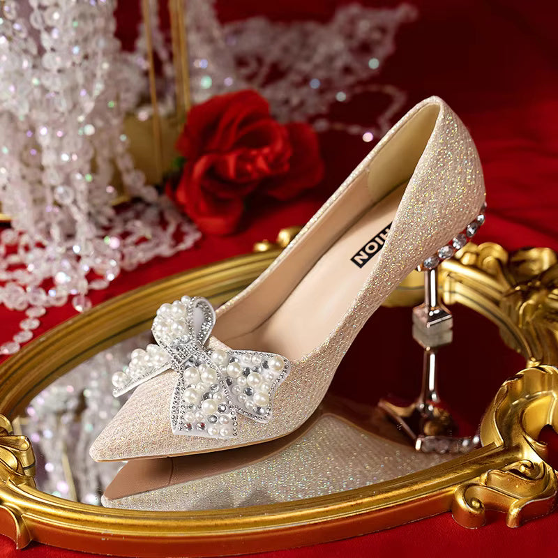 Rhinestone Fashion High Heels Metal Buckle  Bridel Shoe High Heel