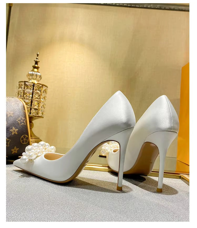 Pearl Pattern French Satin Wedding Bridesmaid High Heels Shoes