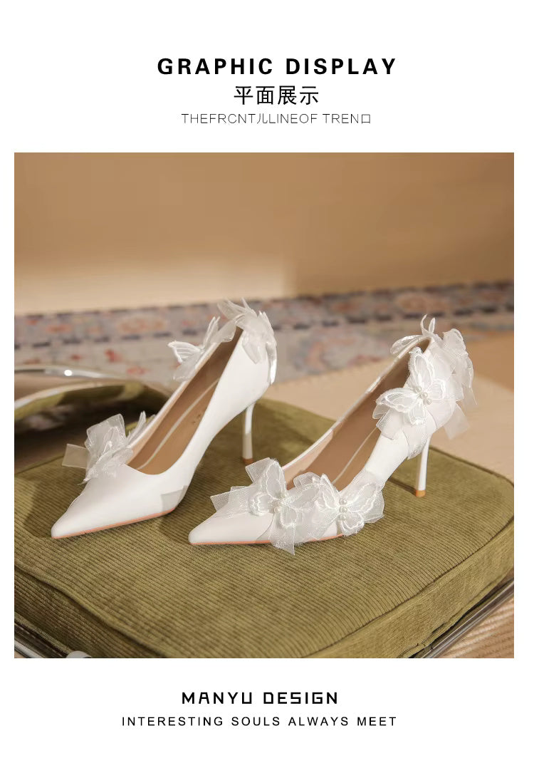 Butterfly Fashion Satin Pointed Pearl Bowknot Bridesmaid High Heel Sandals