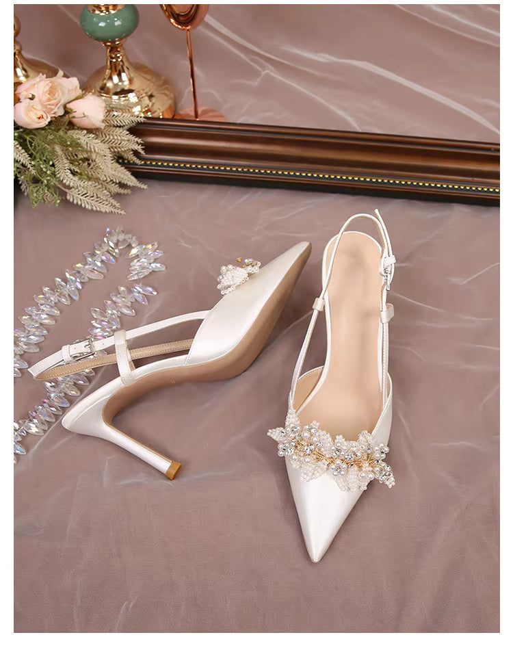White Pearl Fashion Luxury Satin Bridal High Heels Pumps