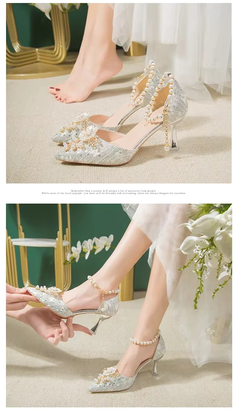 Rhinestone Pattern Lace Beaded Tassel Fashion Bridal Sandals