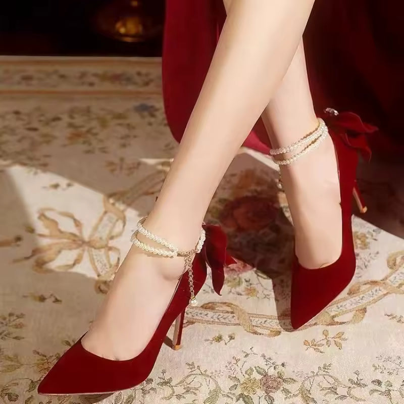 Shallow Mouth Bow Pearl Buckle Strap Wedding Stiletto High Heels