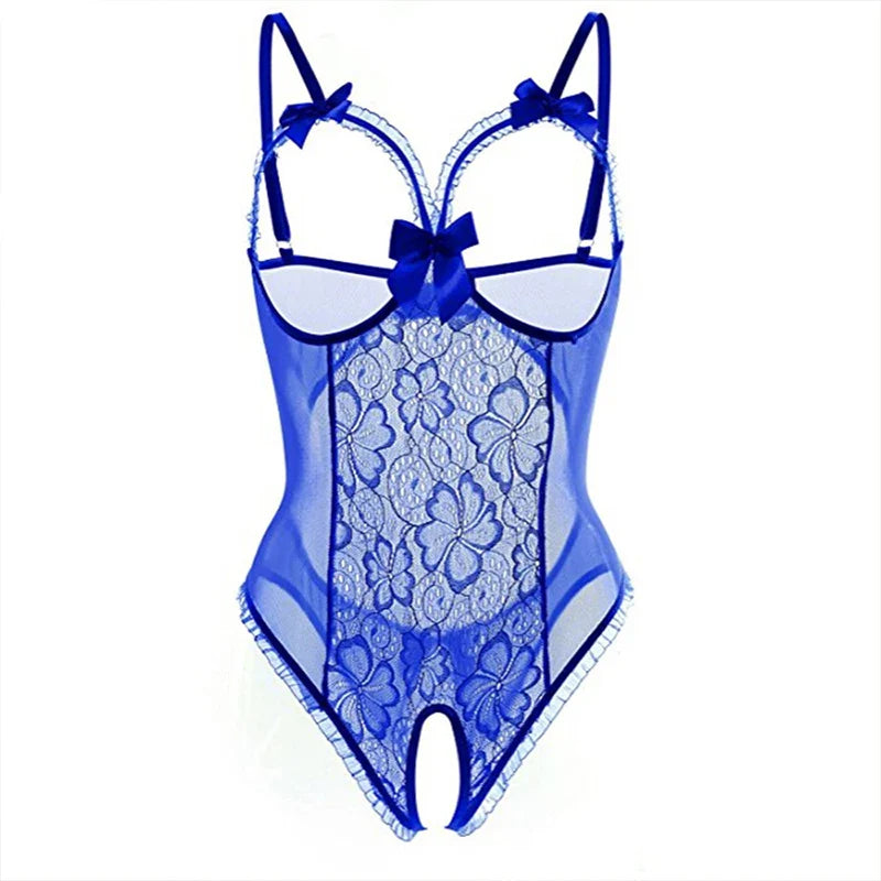 Sheer 1-Piece With Open Cups & Open Crotch Erotic Sensual Lingerie Seductive Lace Bodysuit