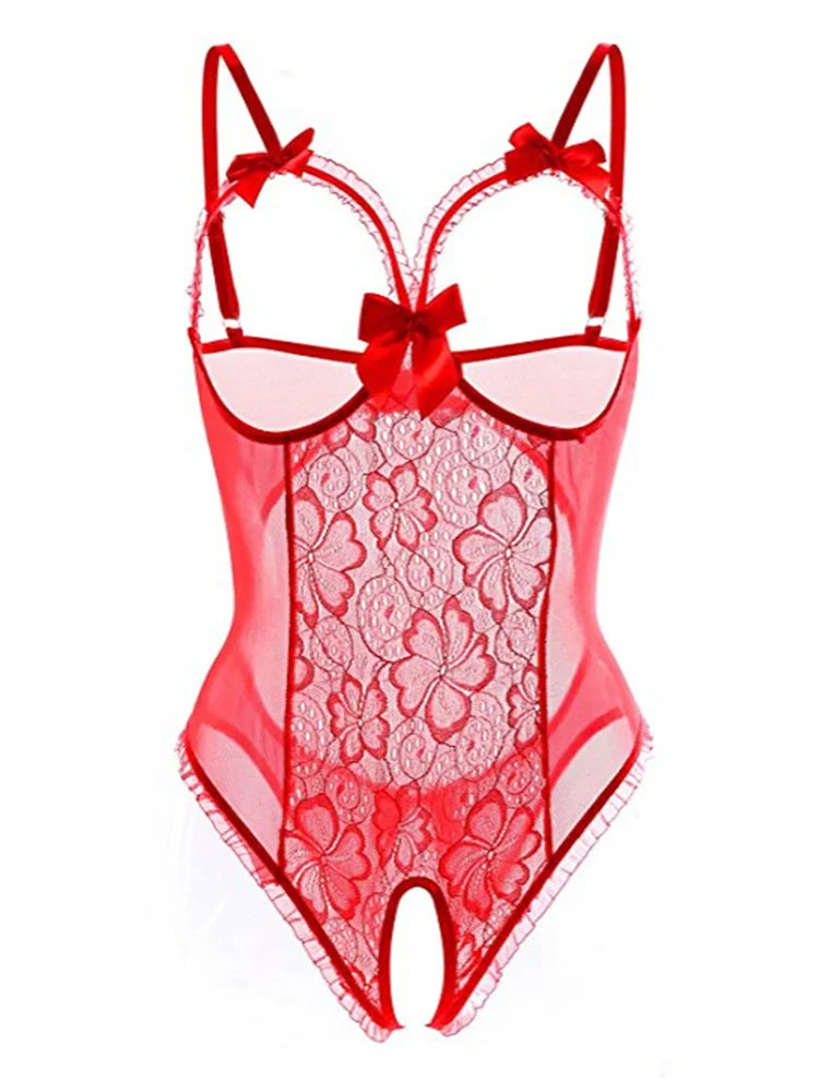 Sheer 1-Piece With Open Cups & Open Crotch Erotic Sensual Lingerie Seductive Lace Bodysuit