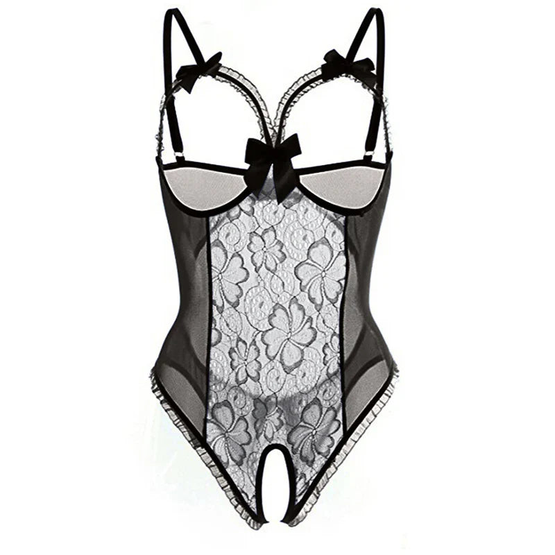 Sheer 1-Piece With Open Cups & Open Crotch Erotic Sensual Lingerie Seductive Lace Bodysuit