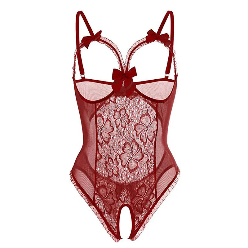 Sheer 1-Piece With Open Cups & Open Crotch Erotic Sensual Lingerie Seductive Lace Bodysuit