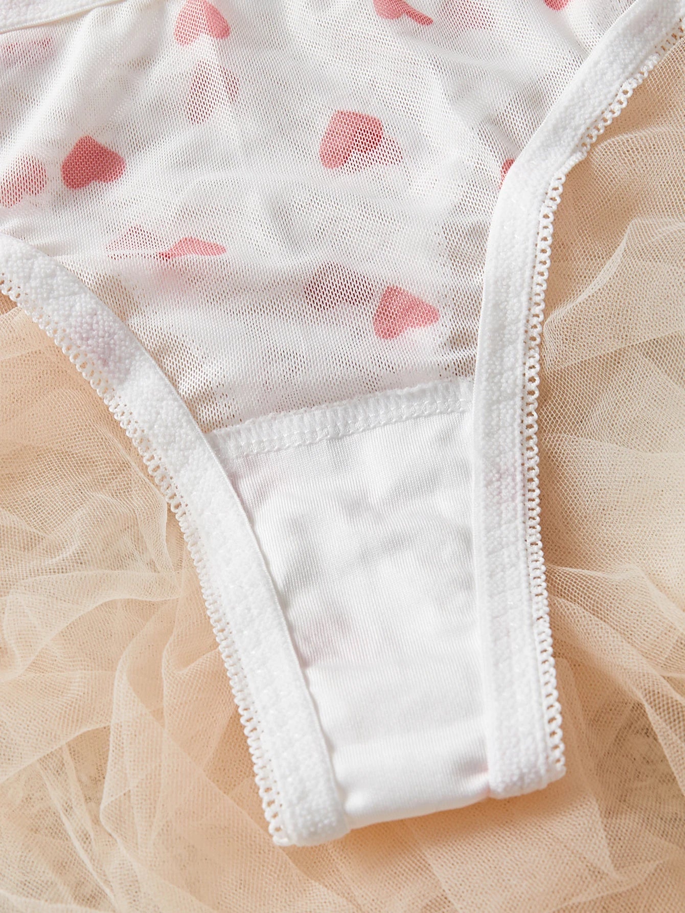 Sheer White Red Heart Dot Mesh Lace Babydoll Erotic Lingerie Set See-Through Intimate Bra & Panty Set