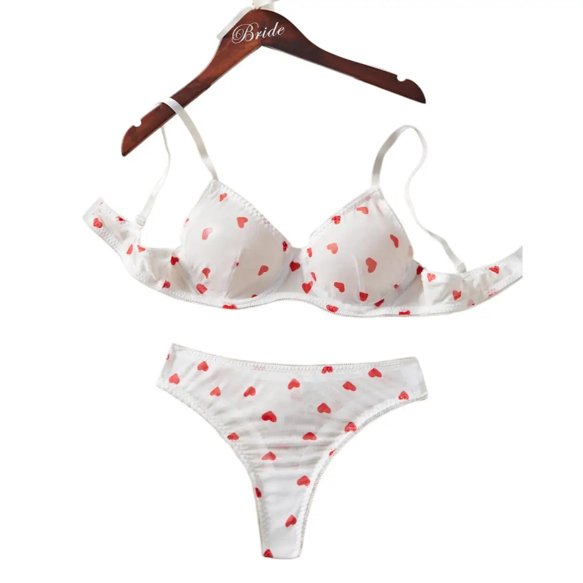 Sheer White Red Heart Dot Mesh Lace Babydoll Erotic Lingerie Set See-Through Intimate Bra & Panty Set