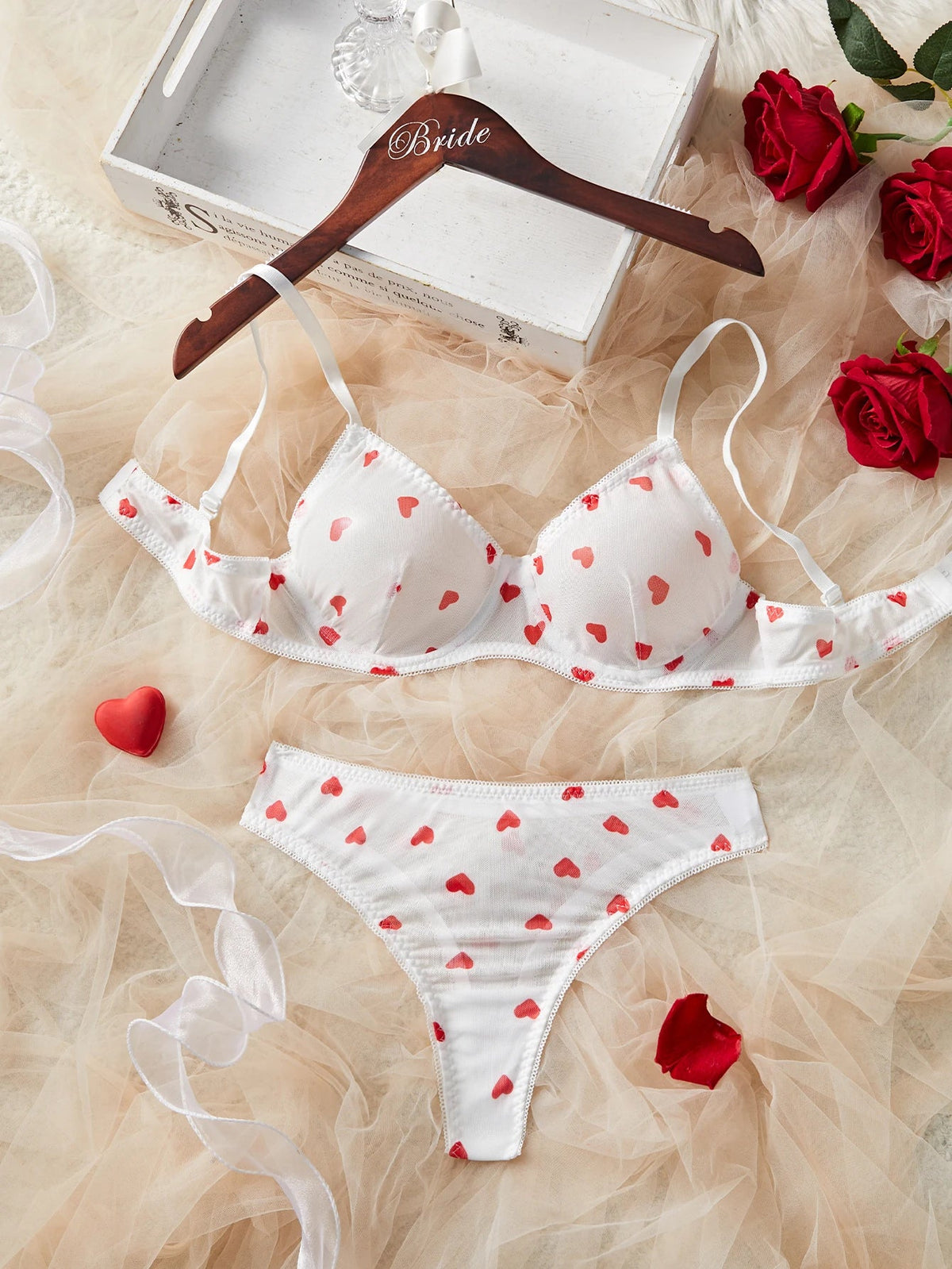 Sheer White Red Heart Dot Mesh Lace Babydoll Erotic Lingerie Set See-Through Intimate Bra & Panty Set