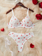 Sheer White Red Heart Dot Mesh Lace Babydoll Erotic Lingerie Set See-Through Intimate Bra & Panty Set