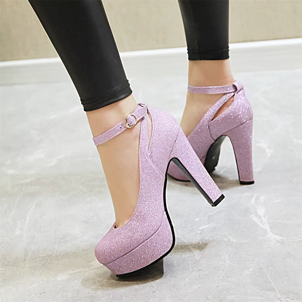 Shiny Sequin Cloth Thick Buckle Hollow Out Ankle Strap High Heels Pumps