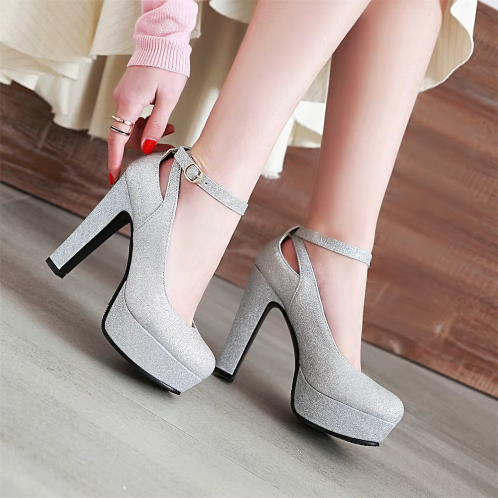Shiny Sequin Cloth Thick Buckle Hollow Out Ankle Strap High Heels Pumps