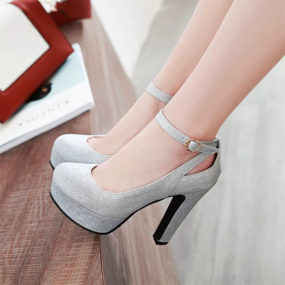 Shiny Sequin Cloth Thick Buckle Hollow Out Ankle Strap High Heels Pumps