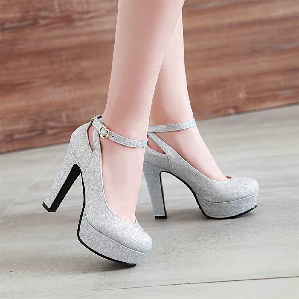 Shiny Sequin Cloth Thick Buckle Hollow Out Ankle Strap High Heels Pumps
