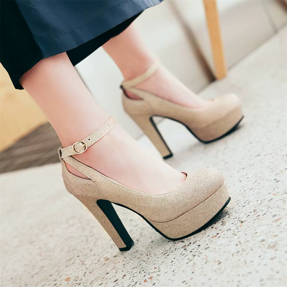 Shiny Sequin Cloth Thick Buckle Hollow Out Ankle Strap High Heels Pumps