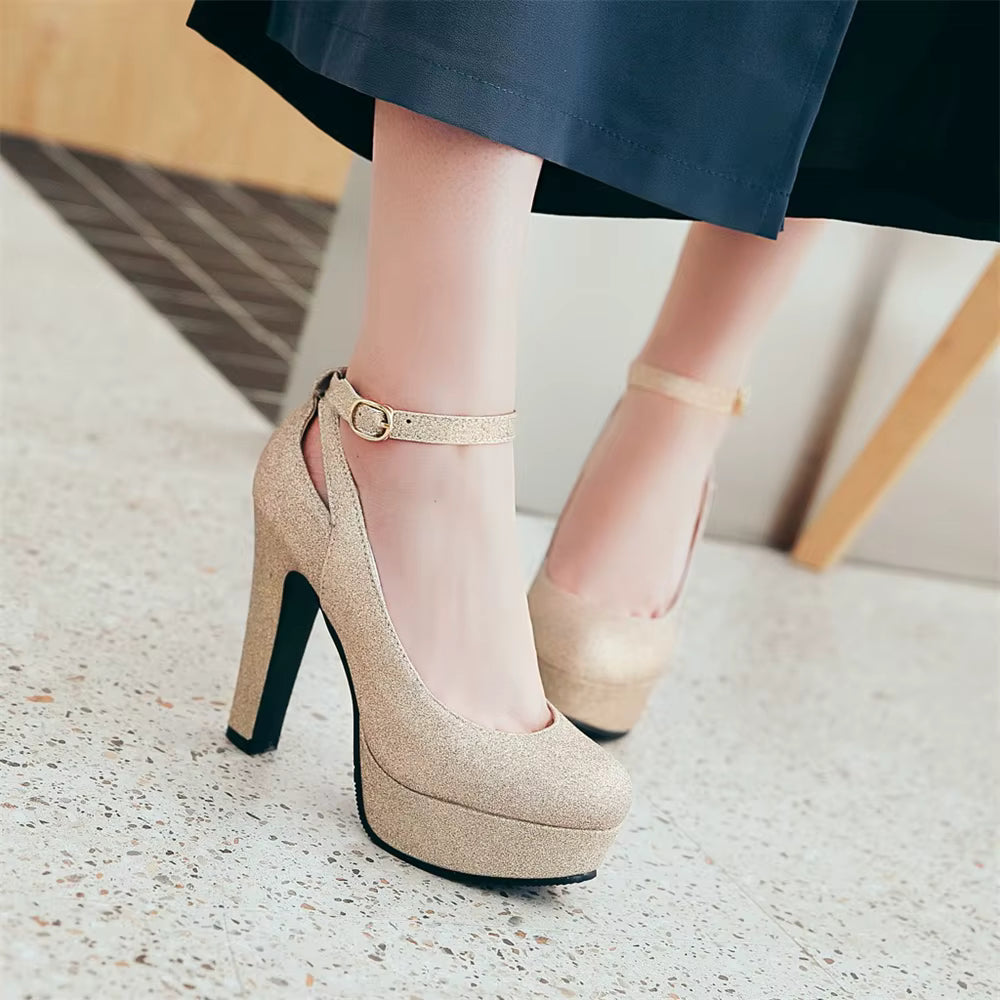 Shiny Sequin Cloth Thick Buckle Hollow Out Ankle Strap High Heels Pumps