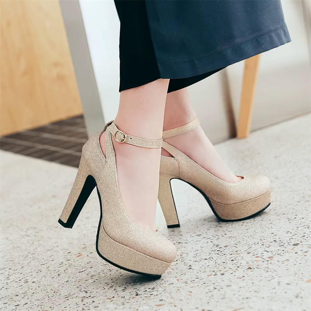 Shiny Sequin Cloth Thick Buckle Hollow Out Ankle Strap High Heels Pumps