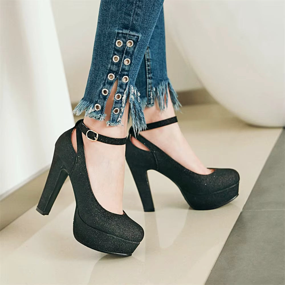 Shiny Sequin Cloth Thick Buckle Hollow Out Ankle Strap High Heels Pumps