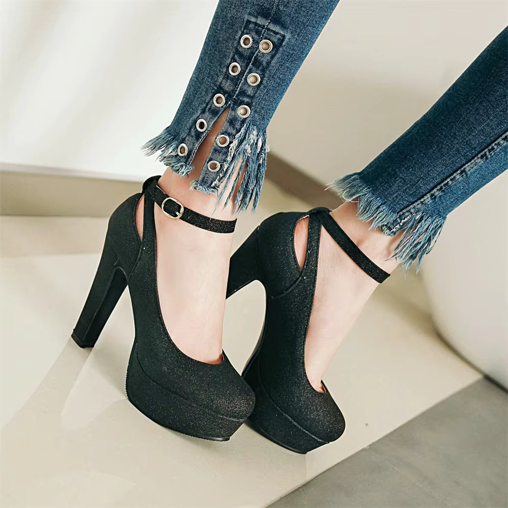 Shiny Sequin Cloth Thick Buckle Hollow Out Ankle Strap High Heels Pumps