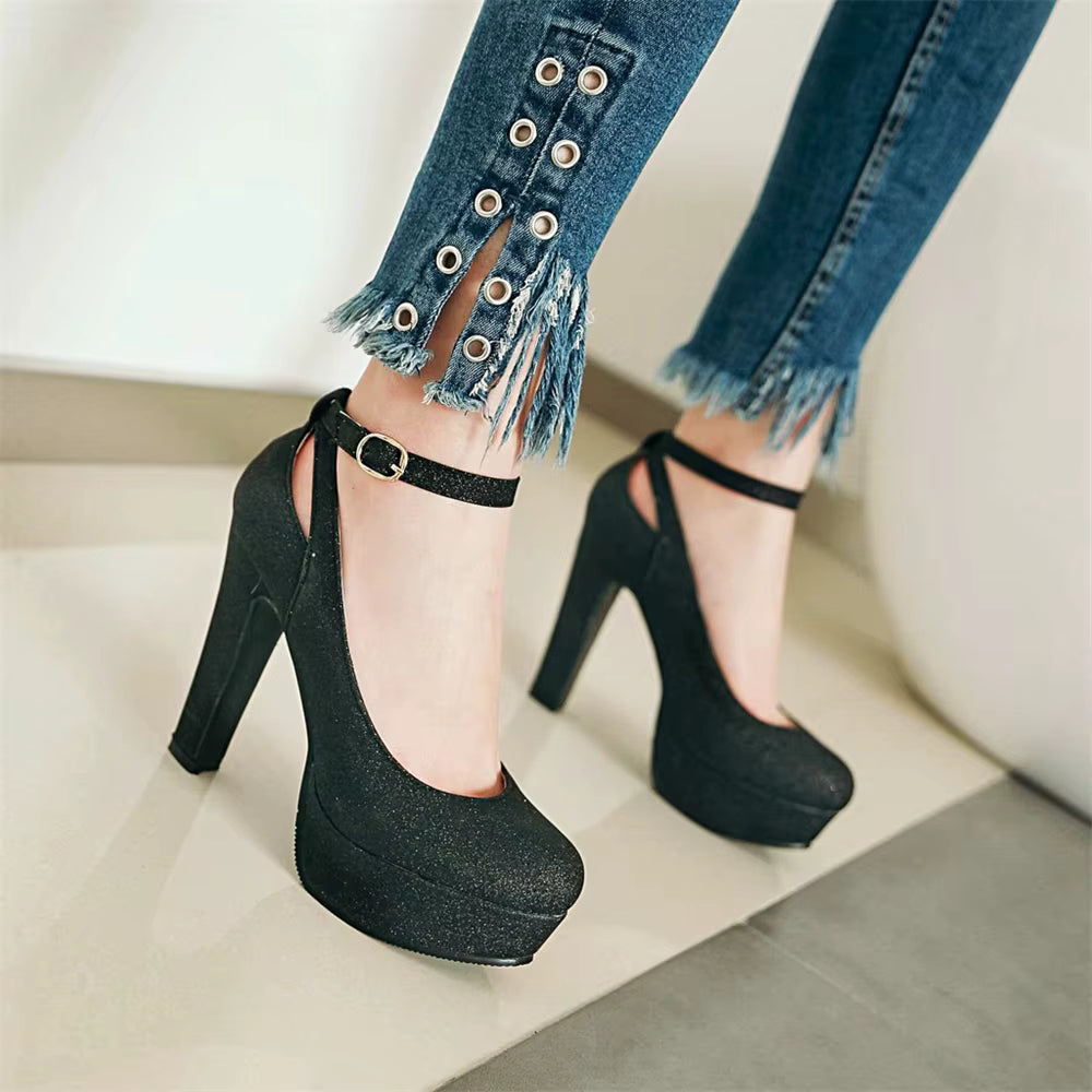 Shiny Sequin Cloth Thick Buckle Hollow Out Ankle Strap High Heels Pumps