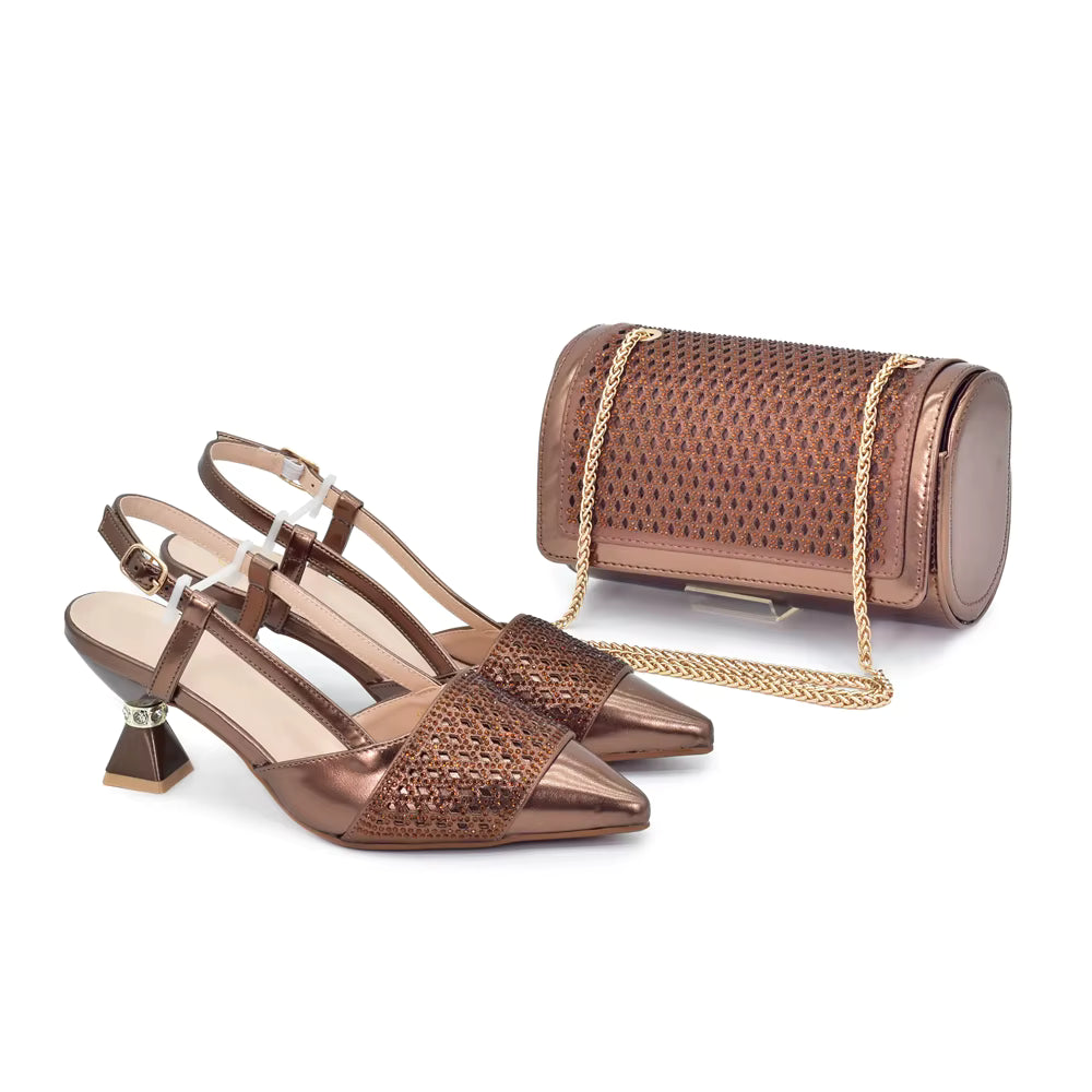 Shoes and Bags Set with Rhinestone Elegant Heeled Pumps
