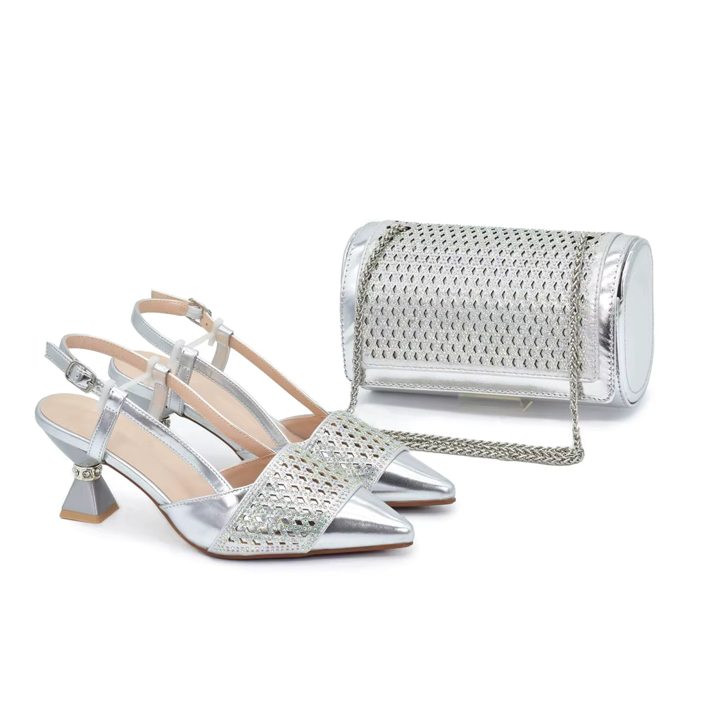 Shoes and Bags Set with Rhinestone Elegant Heeled Pumps