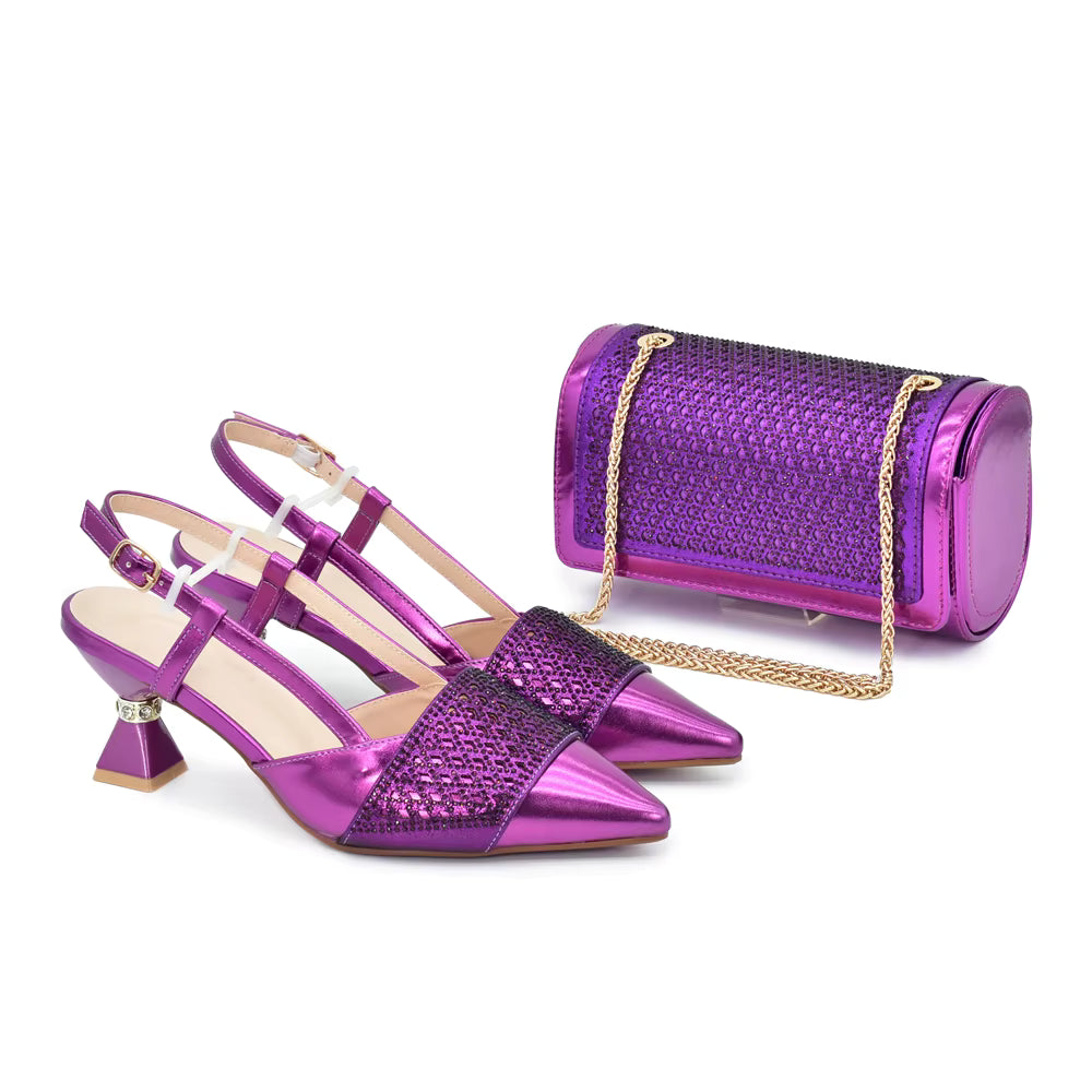 Shoes and Bags Set with Rhinestone Elegant Heeled Pumps
