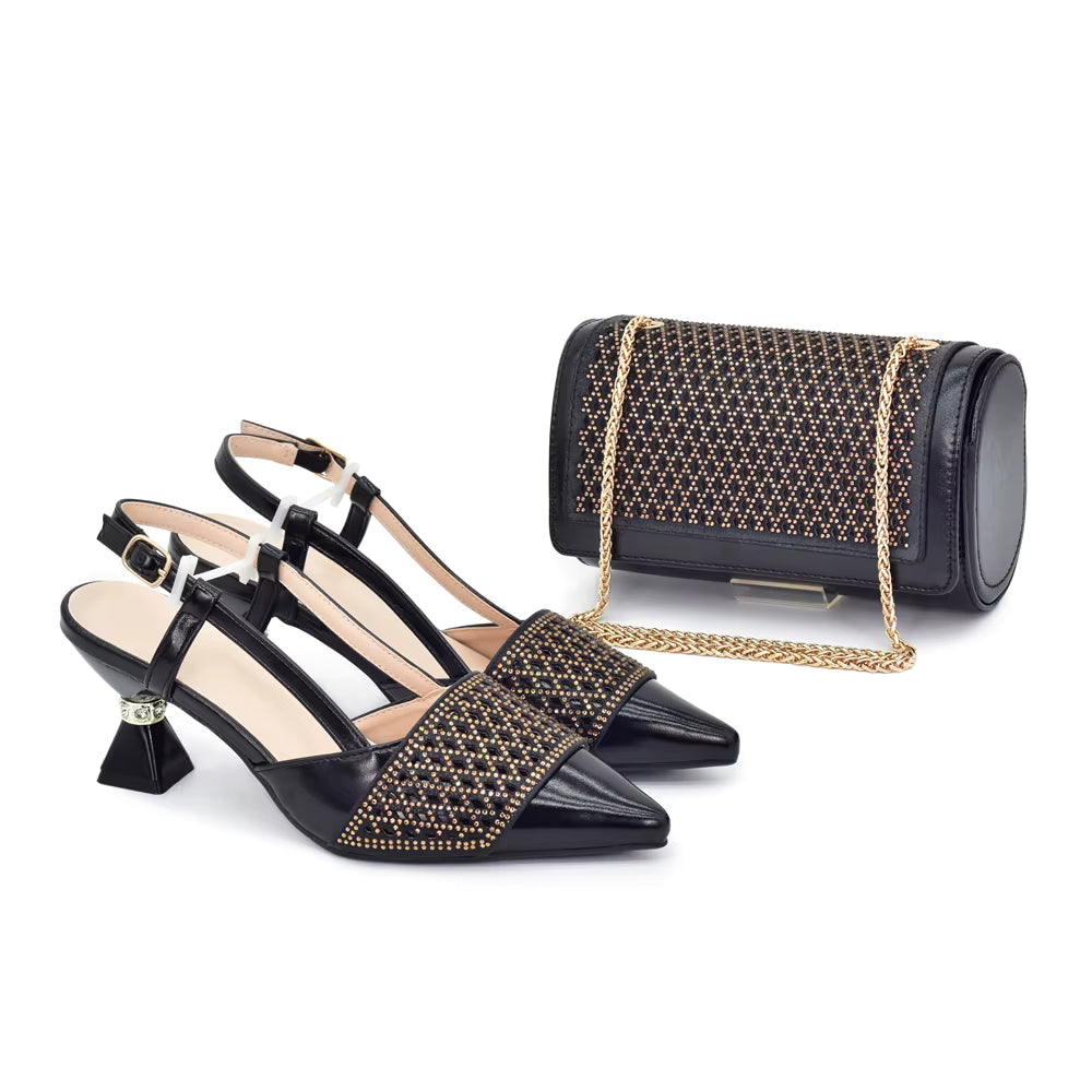 Shoes and Bags Set with Rhinestone Elegant Heeled Pumps