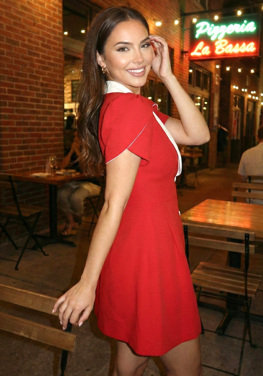Short Sleeve A Line Dress Red White