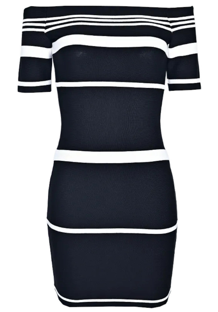 Short Sleeves Bardot Striped Dress Black White