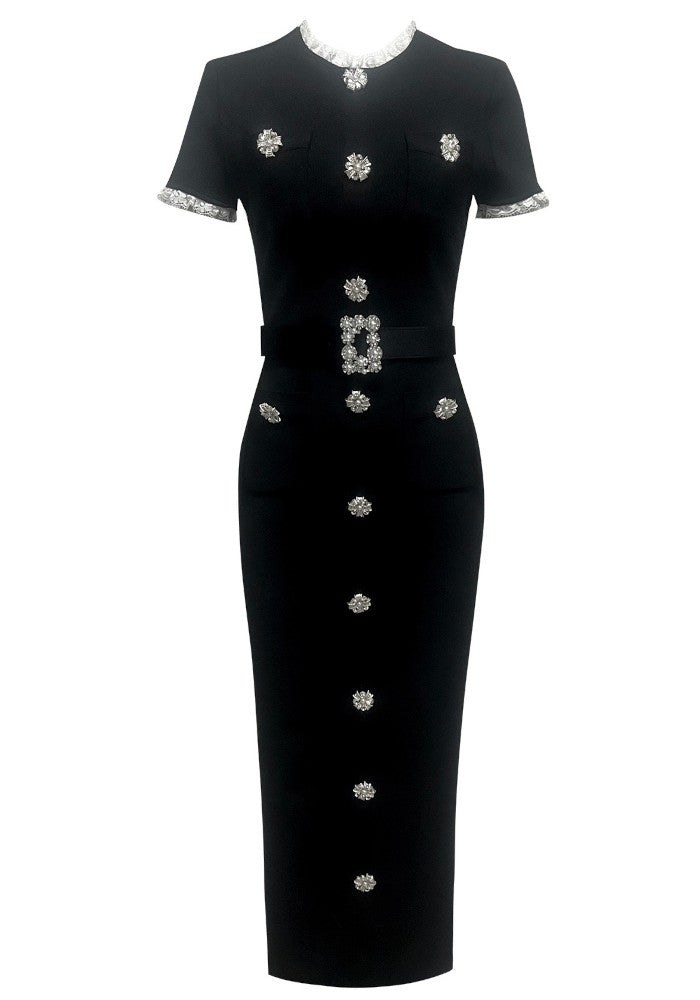 Short Sleeve Belt Detail Midi Dress Black