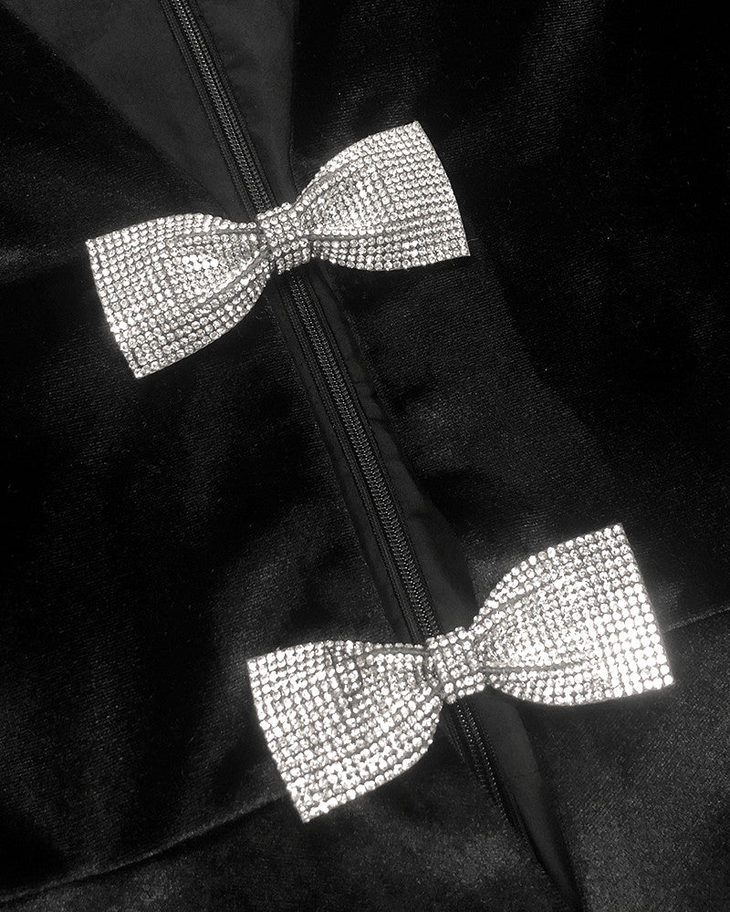 Short Sleeve Crystal Bow Midi Two Piece Velvet Dress Black