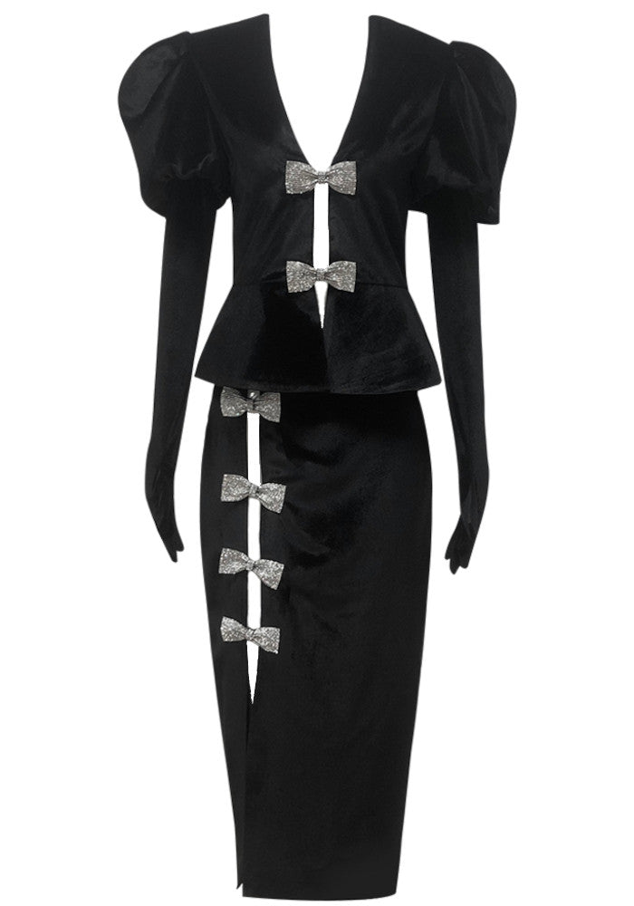 Short Sleeve Crystal Bow Midi Two Piece Velvet Dress Black