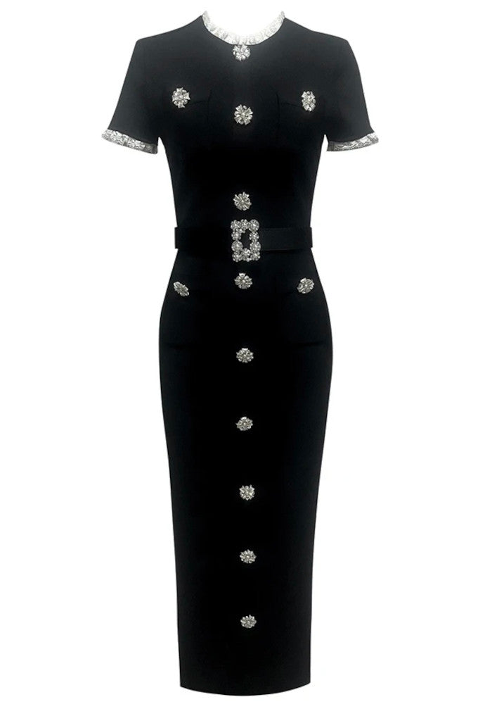 Short Sleeve Crystal Button Midi Dress Black