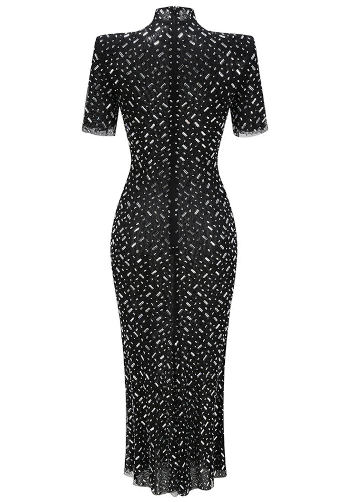 Short Sleeve Crystal Mesh Maxi Dress Black
