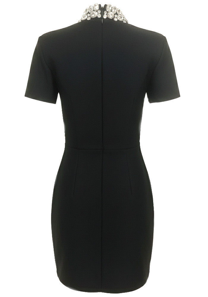 Short Sleeve Crystal Neck Dress Black
