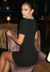 Short Sleeve Crystal Neck Dress Black