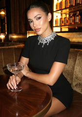 Short Sleeve Crystal Neck Dress Black
