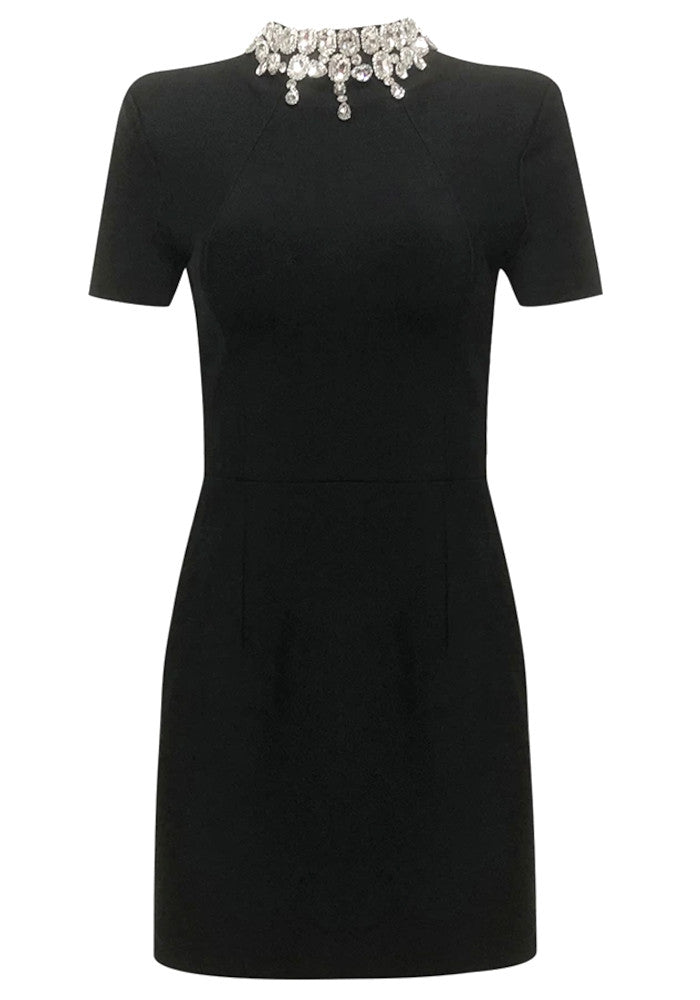 Short Sleeve Crystal Neckline Dress Black