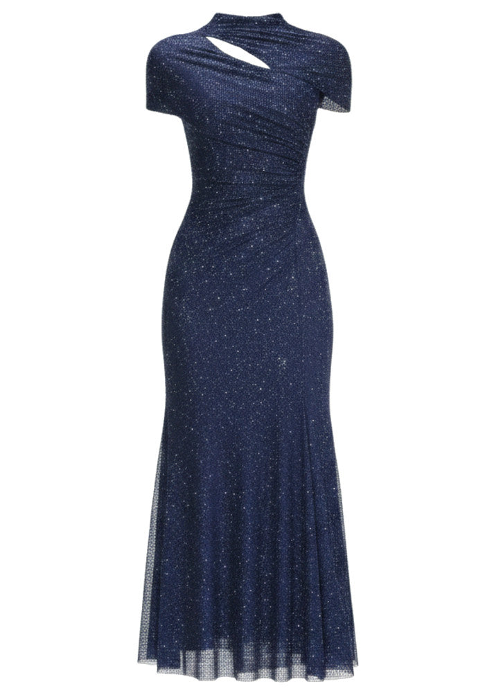 Short Sleeve Sparkly A Line Midi Dress Blue