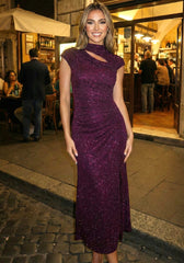 Short Sleeve Sparkly A Line Midi Dress Burgundy