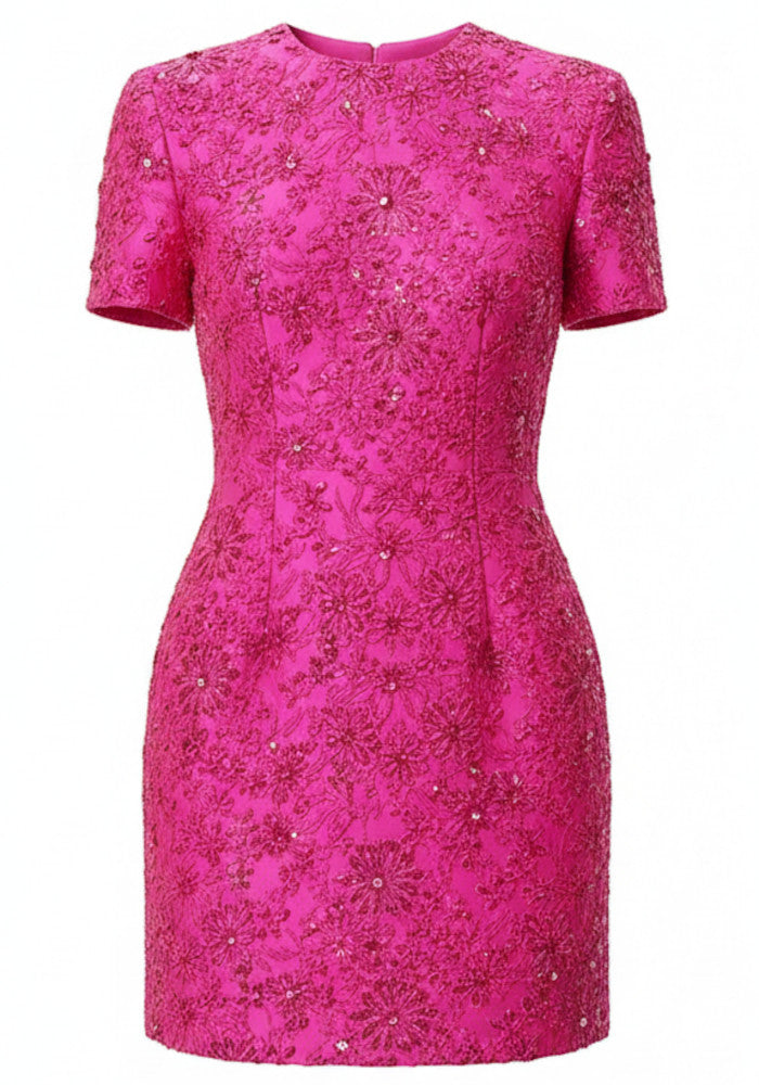 Short Sleeve Floral Dress Hot Pink