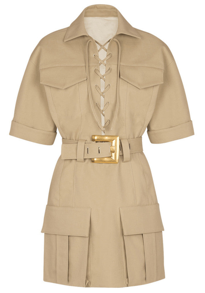 Short Sleeve Lace Up Detail Dress Camel