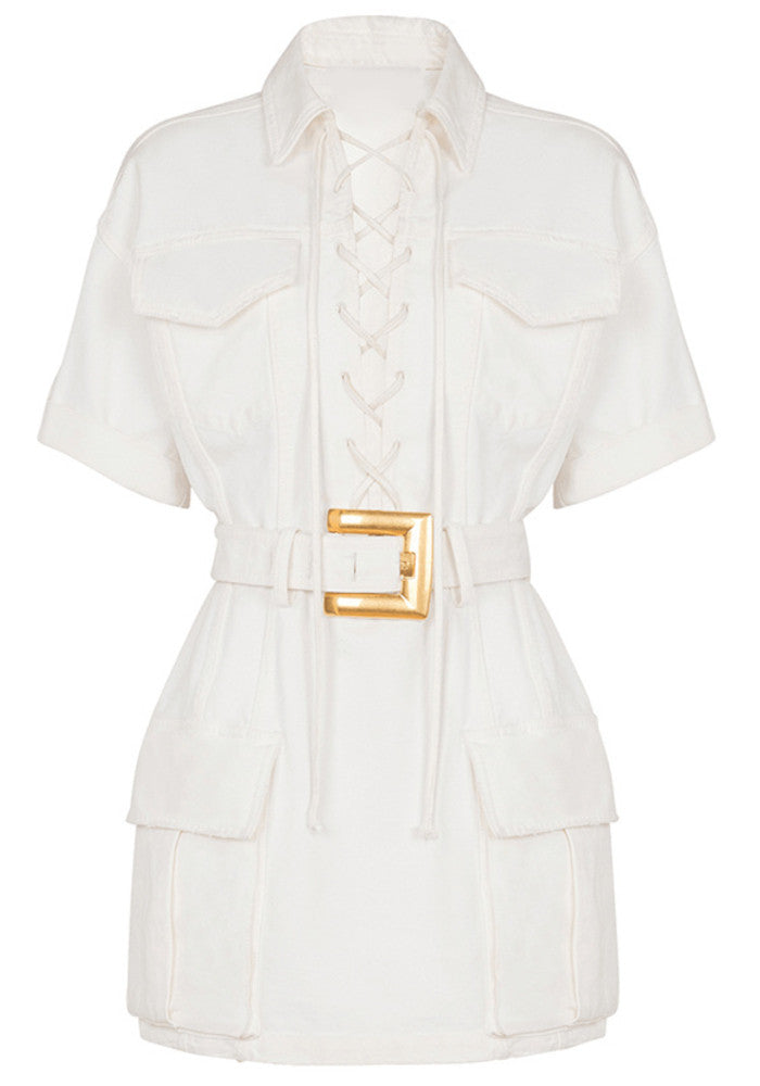 Short Sleeve Lace Up Detail Dress White